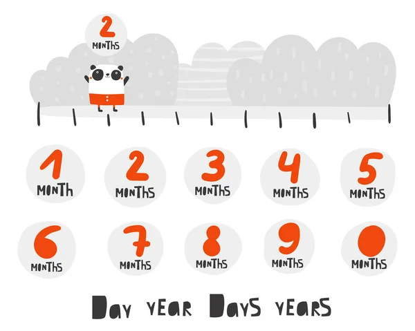 Chemin pour mesurer l'âge du bébé, de l'enfant avec des chiffres pour le garçon ou la fille. Arrière-plan, carte, affiche, impression avec panda — Image vectorielle