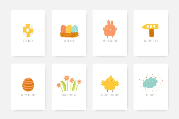 귀여운 낙서 부활절 카드, 엽서, 태그, 토끼와 계란, 꽃, 닭 구름, 나무 화살표 — 스톡 벡터