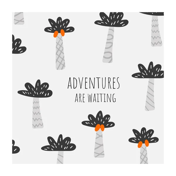 Palm achtergrond. Kaart, Postkaart, poster met tropische bomen, belettering quote Adventures wachten — Stockvector