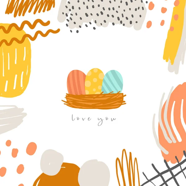 Niedliche Doodle-Osterkarten, Postkarten, Tags, Poster mit bunten Eiern, abstrakte Elemente. — Stockvektor