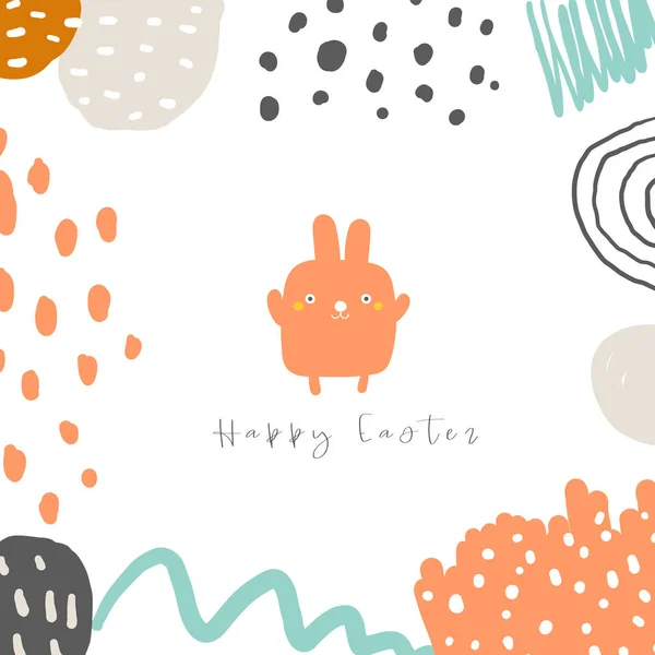 Bonita tarjeta de Pascua doodle, postal, etiqueta, cartel con conejo y elementos abstractos . — Vector de stock
