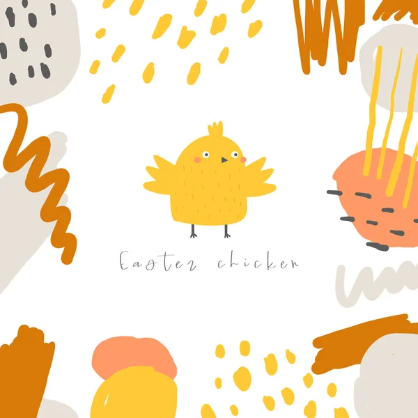Bonita tarjeta de Pascua doodle, postal, etiquetas, cartel con pollo amarillo, elementos abstractos . — Vector de stock