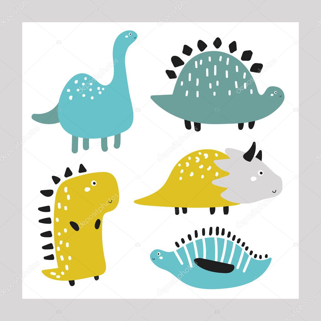Cute hand drawn doodle dinosaurs set. Funny Jurassic period dino, monsters, dragons collection