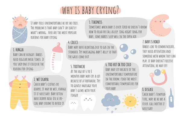 Infografía de razones de llanto del bebé. Consejos para la madre cuando el bebé llora. Consejos para mamá — Vector de stock