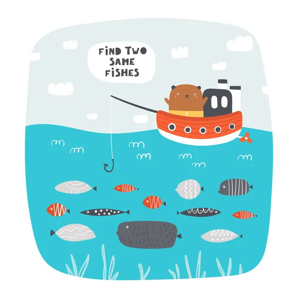 Rébus mignon, test, activité, quête logique pour les enfants. Puzzle drôle avec ours, bateau, mer, poisson . — Image vectorielle