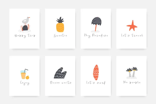 Cards, ansichtkaarten, tags, dekt Seagull, ananas, parasol, Sea Star, drinken, Golf, surfen, eiland, palmboom — Stockvector