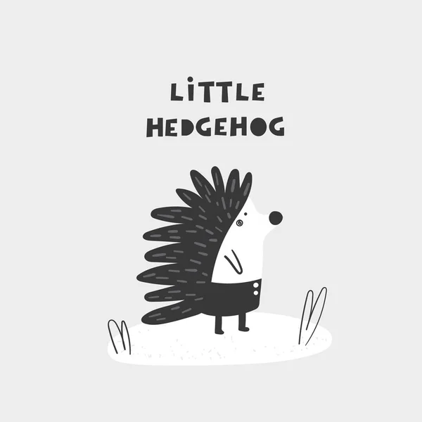 Hedgehog garabato dibujado a mano lindo con cita de letras. Postal, banner, impresión de pared, impresión de camiseta para niños . — Vector de stock