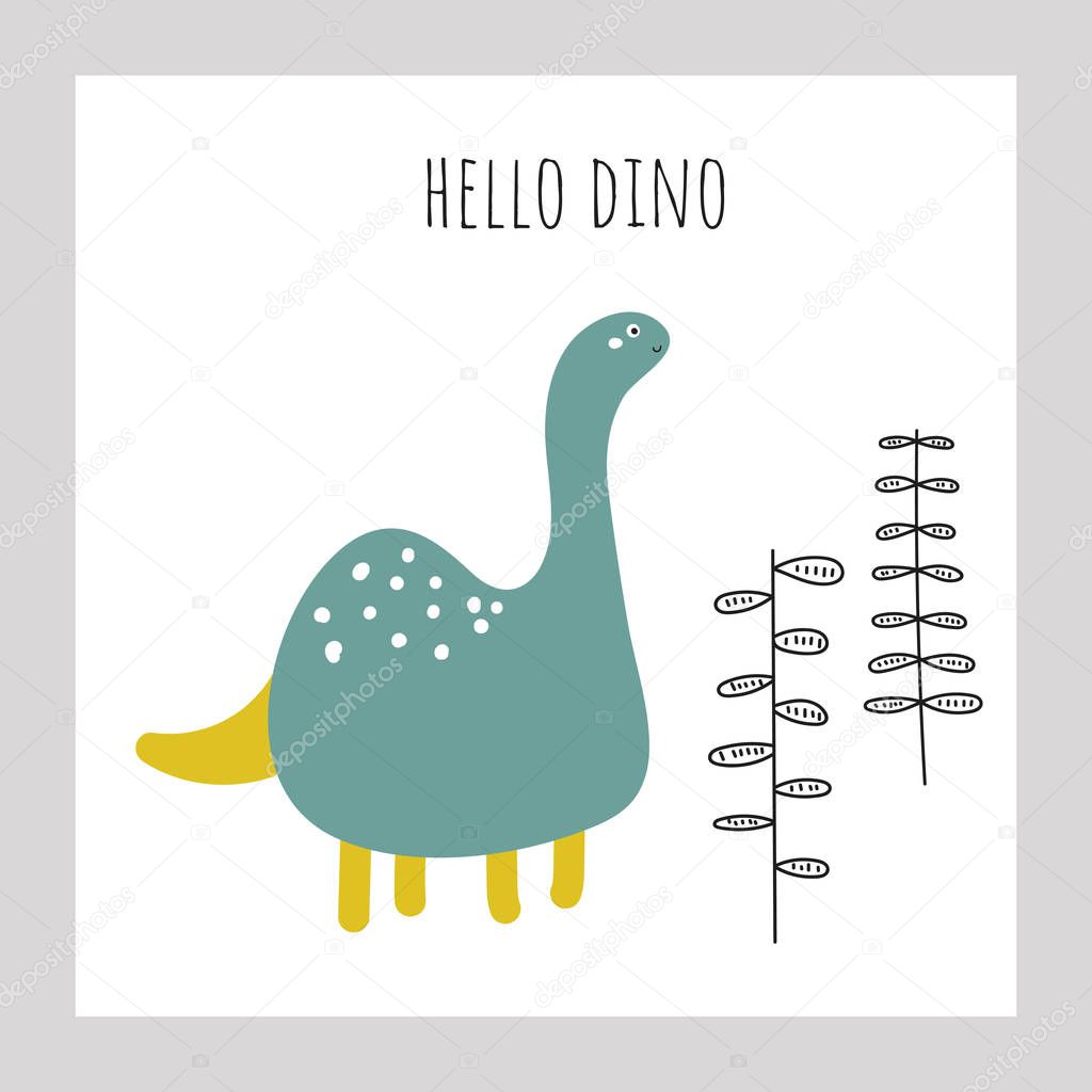 Cute blue dinosaur for kids. Doodle style funny doodle dino poster