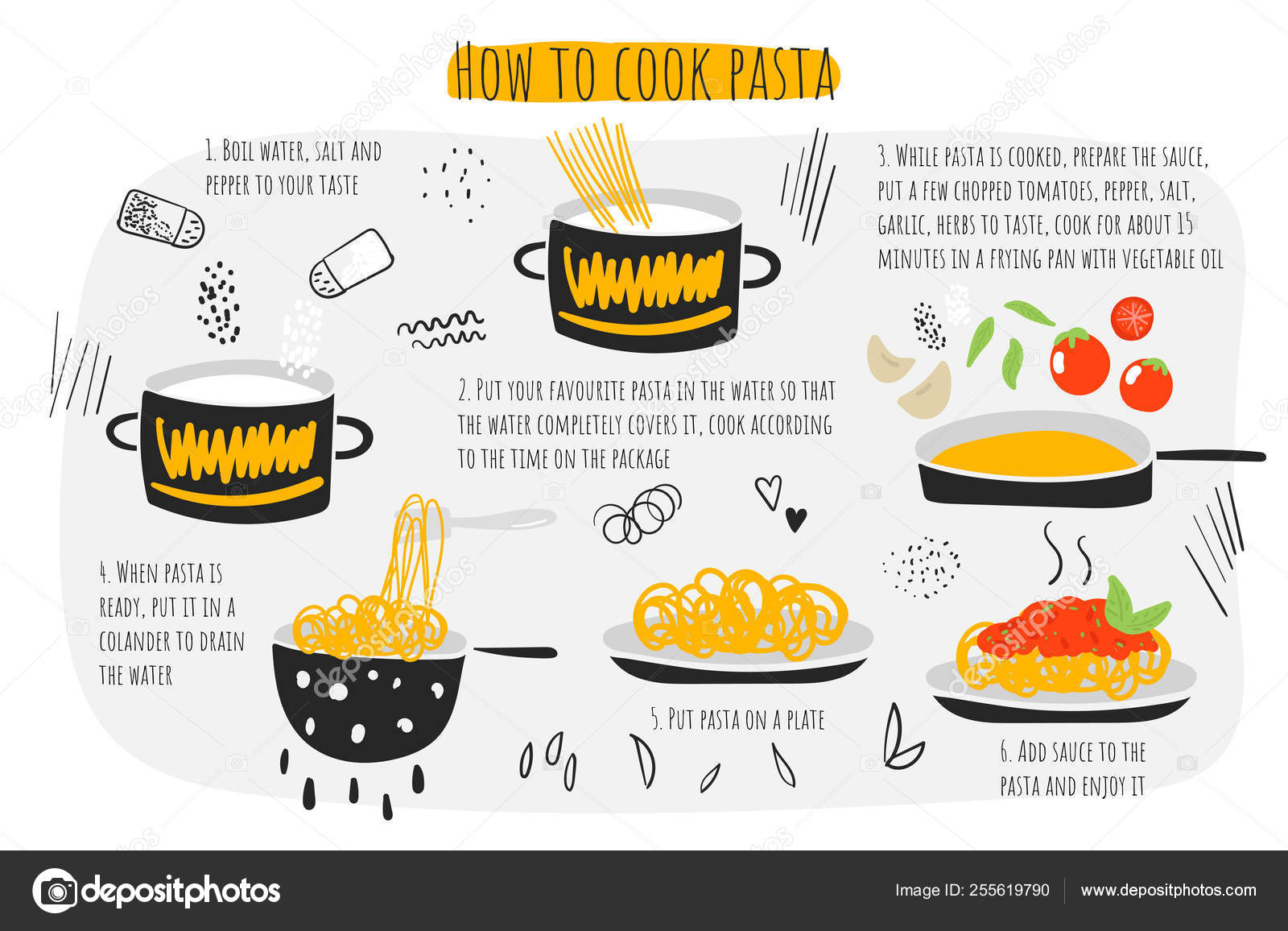 How to cook pasta guide, instructions, steps, infographic. Illustration