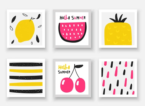 Colección de frutas dibujadas a mano Doodle. Tarjetas de verano, etiquetas, marcos con sandía, cereza, piña, limón — Vector de stock