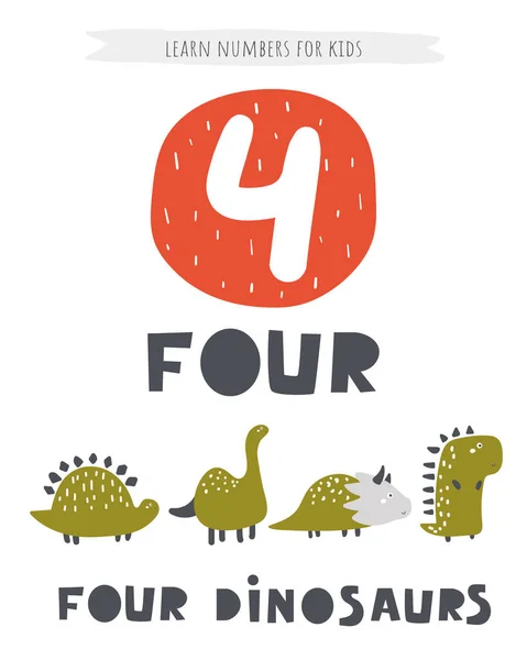 Apprenez la carte numérique pour les enfants. Affiche numéro quatre avec des dinosaures et des lettres. Carte flash éducative avec animaux — Image vectorielle