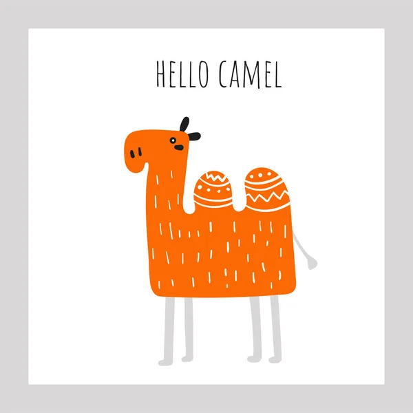 Carino mano disegnato doodle arancione cammello con citazione lettering ciao . — Vettoriale Stock