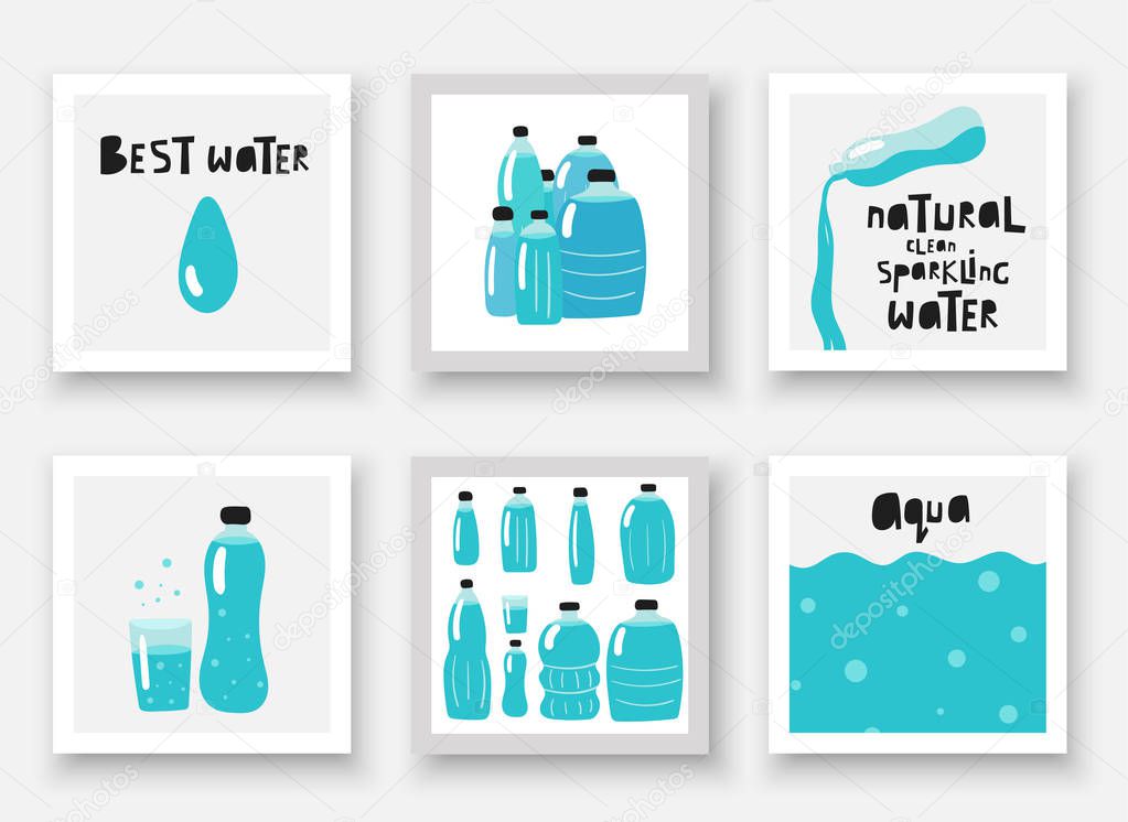 Hand drawn doodle water bottles set. Cards, posters, flyers, pages, covers with water drop