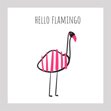 Çizgili desenli flamingo. Çocuklar için pembe kuş ile kart, kartpostal, baskı, duvar posteri