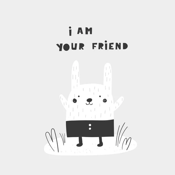 Cute czarno-biały królik z cytatem i jestem twoim przyjacielem. — Wektor stockowy