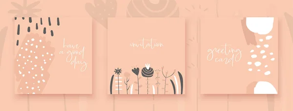 Schattig doodle kaart, briefkaart, tag, poster, uitnodiging met Bloom bloemen, abstracte elementen, tekstruimte. — Stockvector