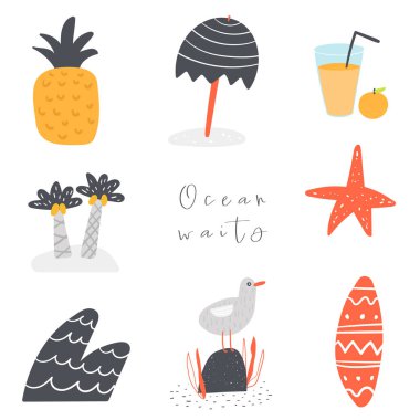 Palmiye ağacı, ananas, meyve suyu, deniz yıldızı, dalga, martı, sörf, metin alanı ile şemsiye arka plan, soyut elemanları
