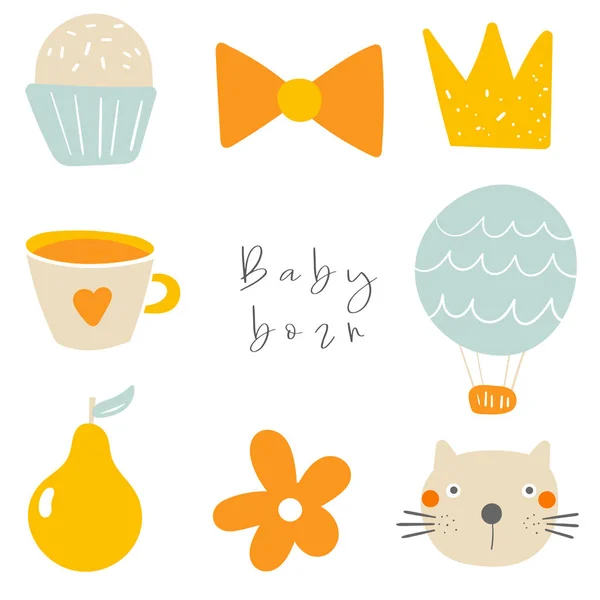 Carino doodle card, cartolina, tag, poster con fiocco, gatto, cupcake, corona, tazza di tè, palloncino, pera, fiore, gatto — Vettoriale Stock