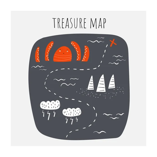 Mapa pokladu s chobotnicí, mraky, bouří, rify, lodní trasou, vlnami, oceánem. — Stockový vektor