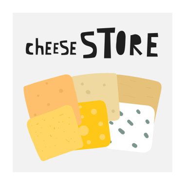 Beyaz, mozzarella, İsviçre, rokfor, edam, maasdam, parmesan, cheddar, brie, ricotta İllüstrasyon peyniri ile peynir li peynir koleksiyonu