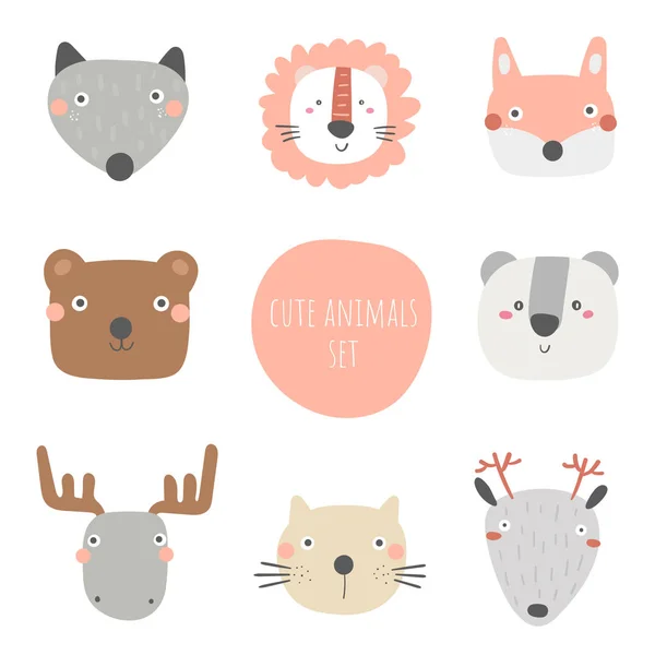 Zwierzęta zestaw w tym Wilk, niedźwiedź, lis, Panda, kot, Łoś, jelenie, lew. Cute ręcznie rysowane karty Doodle, pocztówka, plakat ze zwierzętami — Wektor stockowy