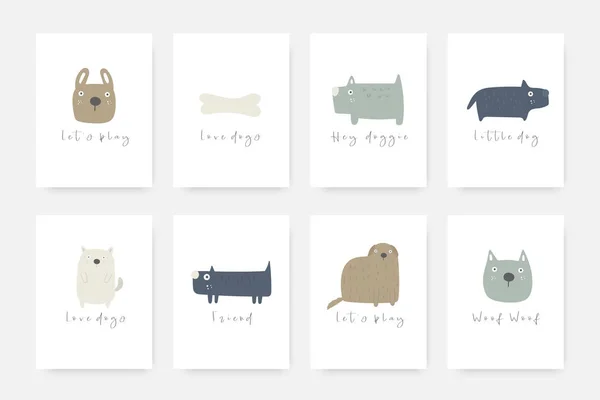 Kutyák gyűjtemények. Aranyos firka kártyák, képeslapok, poszter kiskutyákkal — Stock Vector
