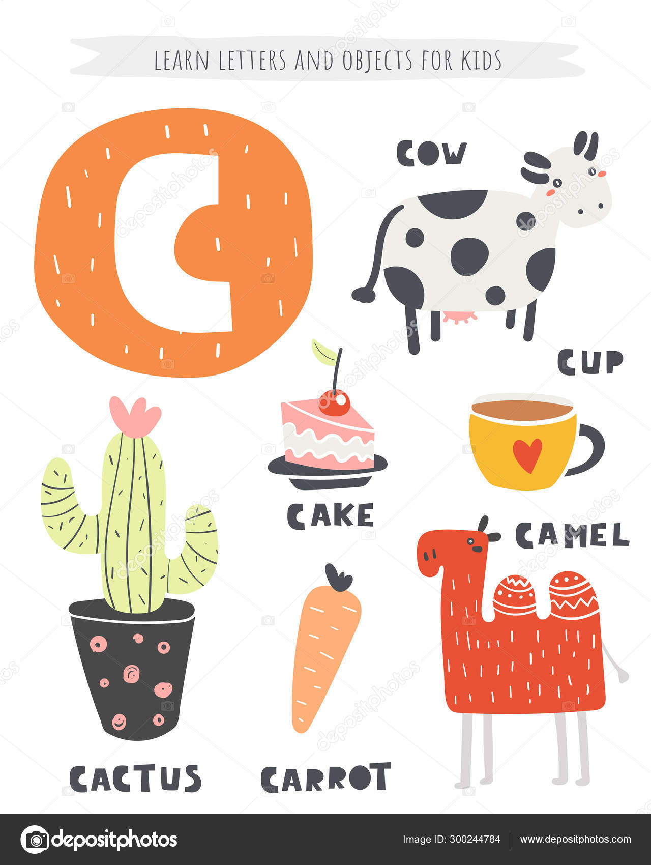 C letter objects and animals including cow, cactus, camel, cup, cake,  carrot. Learn english alphabet, letters — Stock Vector © NadineVeresk  #300244784