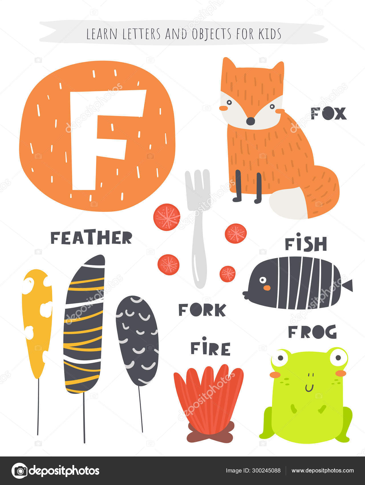F Letter Objects And Animals Including Fox Feather Fish Fork Fire Frog Learn English Alphabet Letters Words Stock Vector Image By C Nadineveresk 300245088