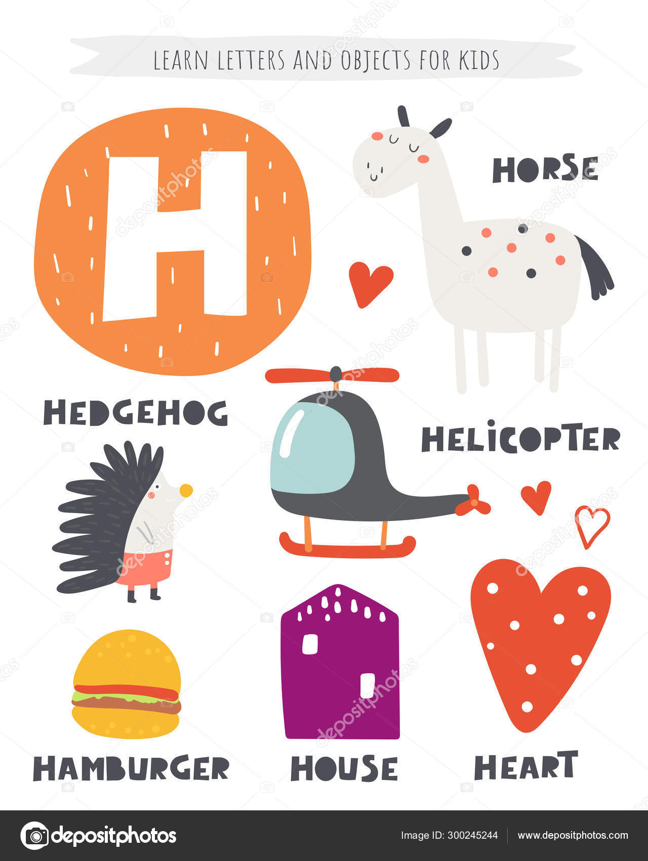 H letter objects and animals including hedgehog, helicopter, horse, heart,  house, hamburger. Learn english alphabet, letters, words Stock Vector Image  by ©NadineVeresk #300245244