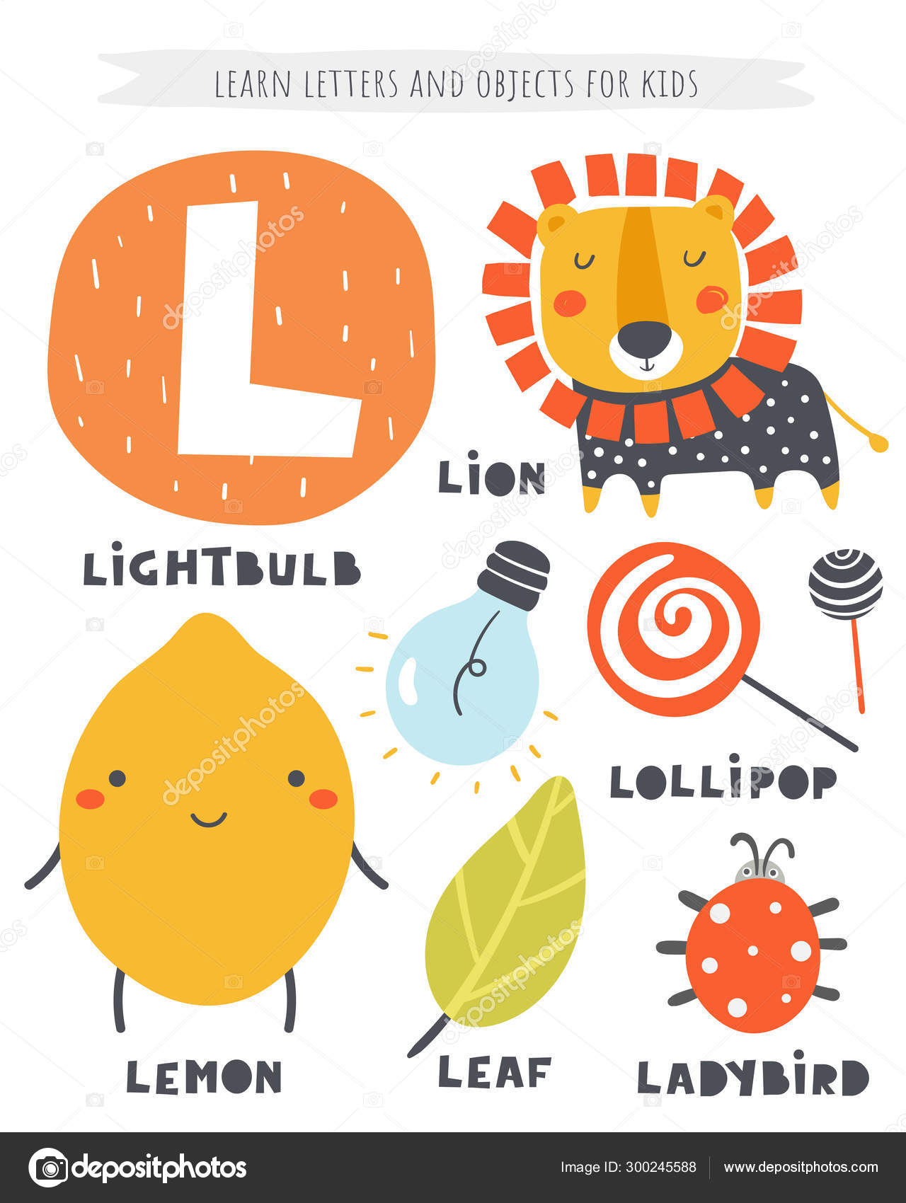L letter objects and animals including lion, lemon, light bulb, lollipop,  ladybird, leaf Stock Vector Image by ©NadineVeresk #300245588