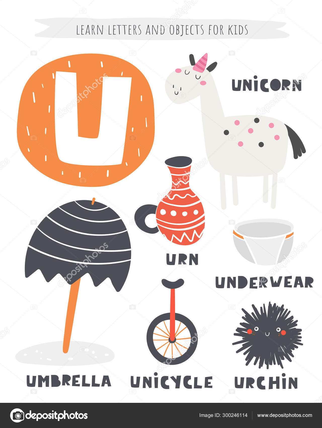 U letter objects and animals including unicorn, urn, umbrella, unicycle,  urchin, underwear. Stock Vector by ©NadineVeresk 300246114