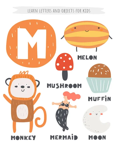 M objetos carta e animais, incluindo melão, macaco, cogumelo, muffin, sereia, lua . —  Vetores de Stock