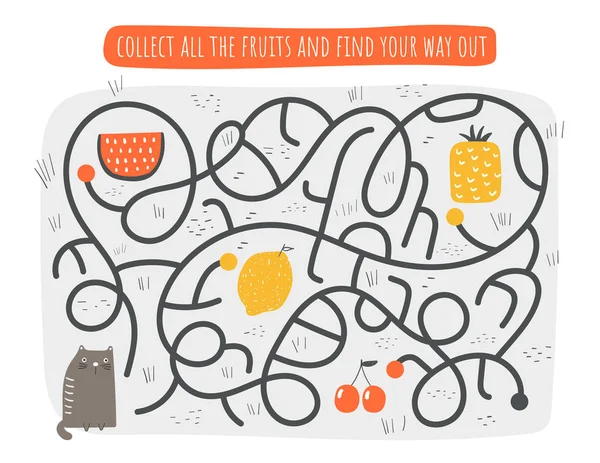 Cute Rebus, test, aktywność, logika Quest dla dzieci. Zabawny labirynt, puzzle z kotem, arbuz, cytryna, ananas, Wiśniowy — Wektor stockowy