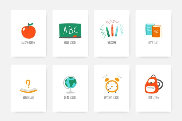 Tillbaka till skolan kort, vykort, affischer, Taggar med äpple, krita ombord, blyertspennor, böcker, lärobok, Globe, ryggsäck, väckarklocka. — Stock vektor