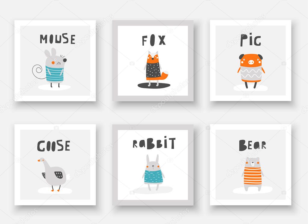 Funny mouse, fox, pig, goose, rabbit, bear in t shirt. Cute hand drawn doodle cards