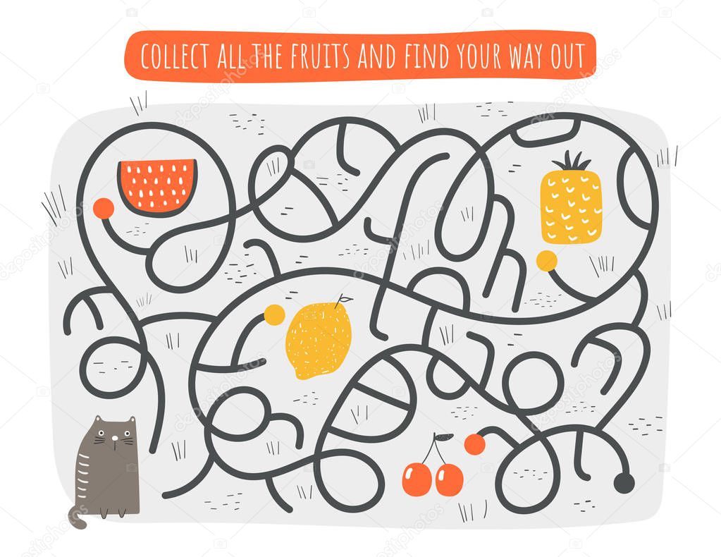 Cute rebus, test, activity, logic quest for kids. Funny labyrinth, puzzle with cat, watermelon, lemon, pineapple, cherry