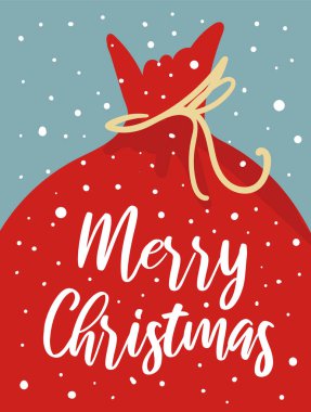 Güzel Noel Baba çantalı, kar taneli, mesajlı mutlu Noeller. Kış tatilleri, Noel arkaplanı, poster