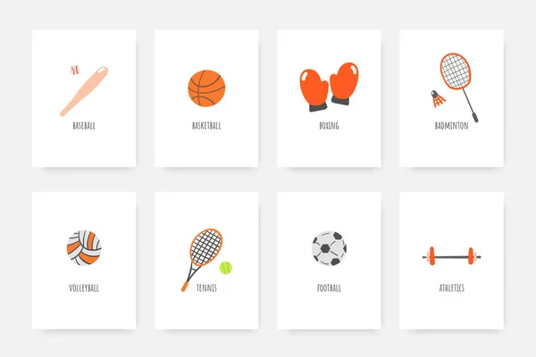 Sport doodles waaronder honkbal, voetbal, volleybal, tennis, badminton, atletiek, basketbal, bokshandschoenen. — Stockvector