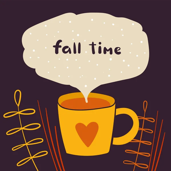 Carino d'autunno, cartolina, poster con foglie, tazza di caffè, tè, citazione lettering . — Vettoriale Stock