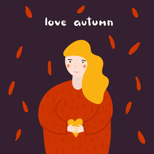 Autumn cute card, postcard, poster with leaves, blonde girl holding heart, lettering quote. — Stock Vector