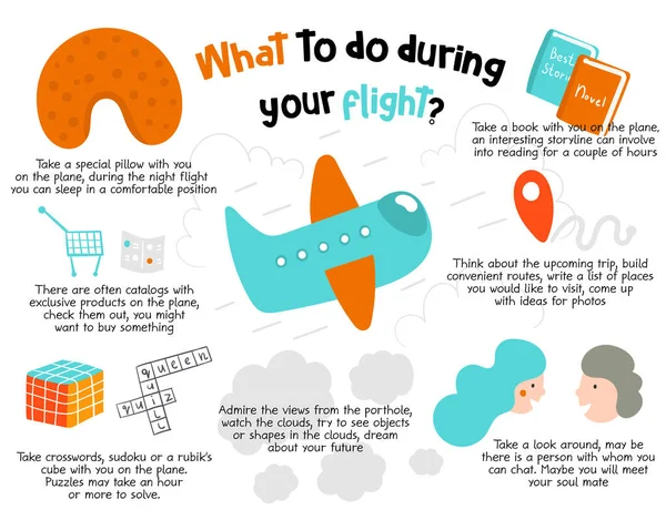 Was Sie während Ihres Fluges tun sollten. Tipps, Empfehlungen für gelangweilte Passagiere — Stockvektor