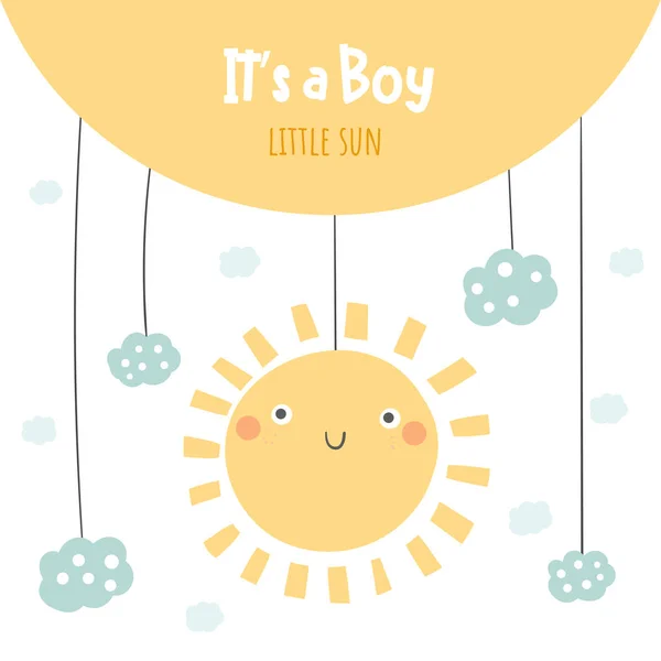 Det är en pojke baby shower kort, vykort, affisch för födelsedag med sol, moln, himmel. — Stock vektor