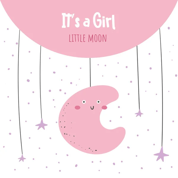 Its a girl baby shower card, postcard, poster for birthday with moon, stars, sky. — Stock Vector