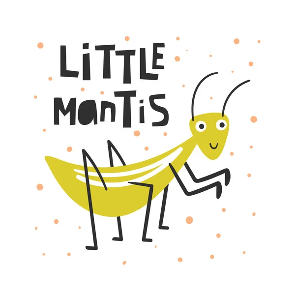 Lindo insecto para niños. Funny doodle card, postal, póster con mantis — Vector de stock