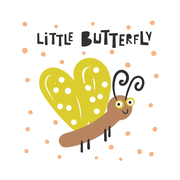 Mignon insecte pour les enfants. Drôle de carte doodle, carte postale, affiche avec papillon — Image vectorielle