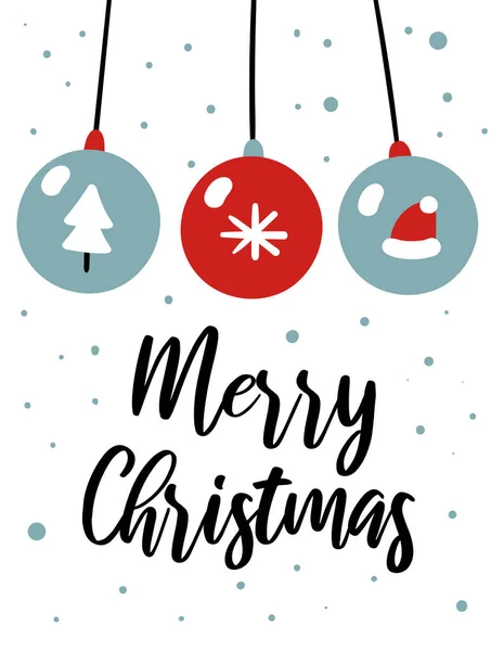 Frohe Weihnachtskarte mit niedlichen Glaskugeln, Tanne, Weihnachtsmütze, Schneeflocken, Text. Doodle Winterurlaub, noel Hintergrund — Stockvektor