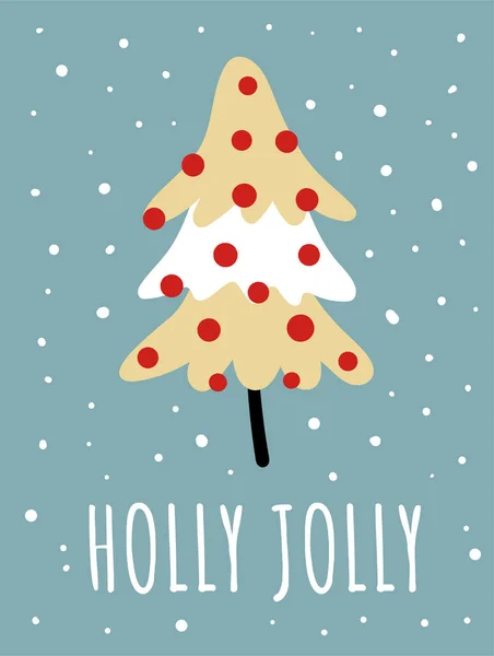 Buon Natale biglietto con albero di pelliccia carino, fiocchi di neve, testo. Doodle vacanze invernali, sfondo noel, poster — Vettoriale Stock