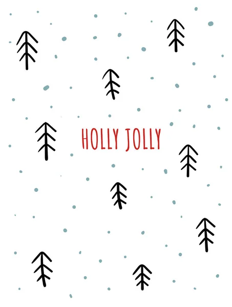 Feliz tarjeta de Navidad con lindos árboles de piel en blanco y negro, copos de nieve, texto. Doodle vacaciones de invierno, fondo de noel, cartel — Archivo Imágenes Vectoriales