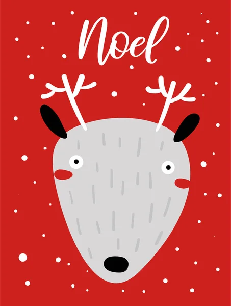 Feliz tarjeta de Navidad con ciervos lindos, copos de nieve, texto. Doodle vacaciones de invierno, fondo de noel, cartel — Archivo Imágenes Vectoriales