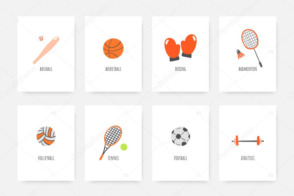 Sport doodles including baseball, football, volleyball, tennis, badminton, athletics, basketball, boxing gloves.